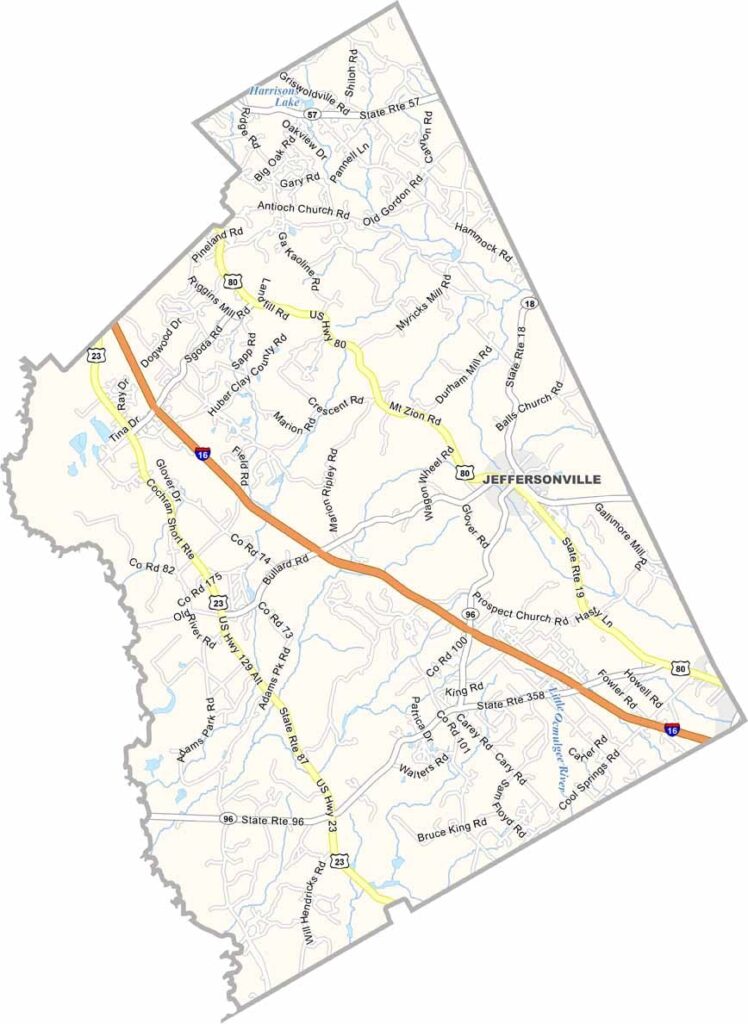 Twiggs County map showing towns, roads, and geographic features in Georgia.