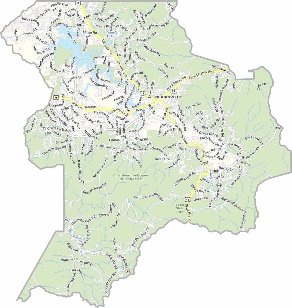 Union County map showing towns, roads, and geographic features in Georgia.