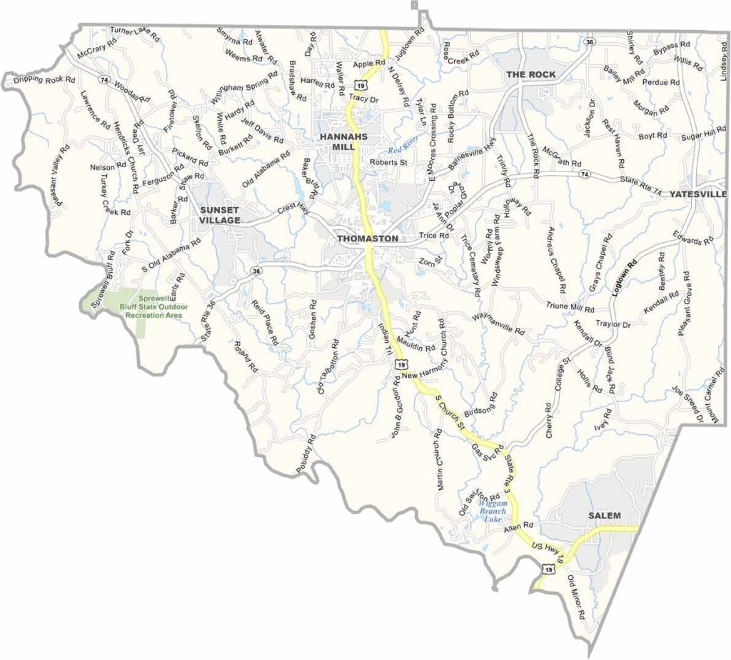 Upson County map showing towns, roads, and geographic features in Georgia.