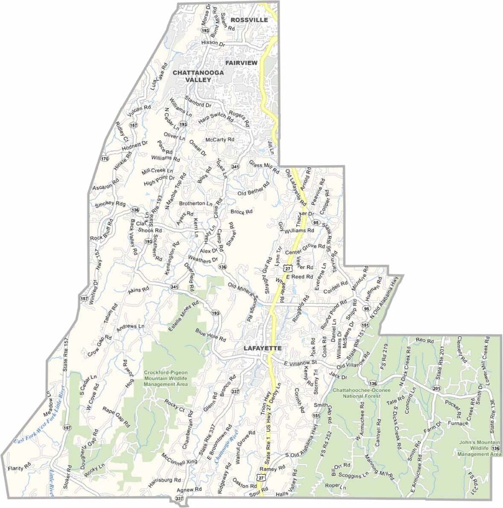 Walker County map showing towns, roads, and geographic features in Georgia.