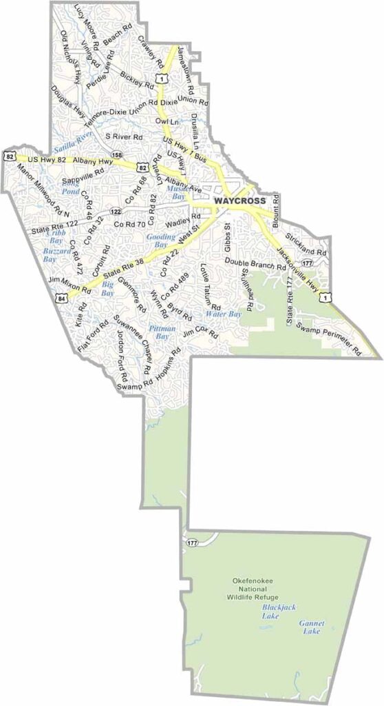 Ware County map showing towns, roads, and geographic features in Georgia.