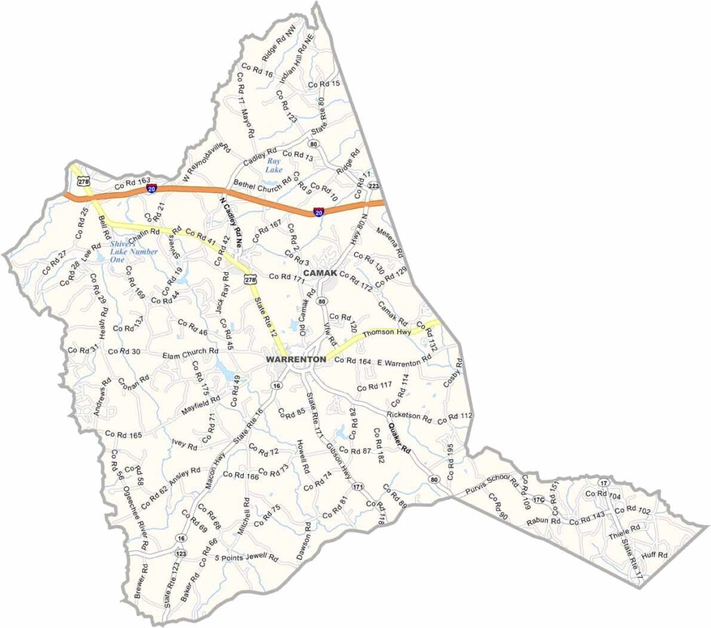 Warren County map showing towns, roads, and geographic features in Georgia.