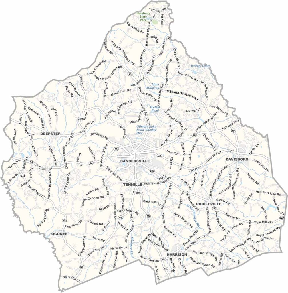 Washington County map showing towns, roads, and geographic features in Georgia.