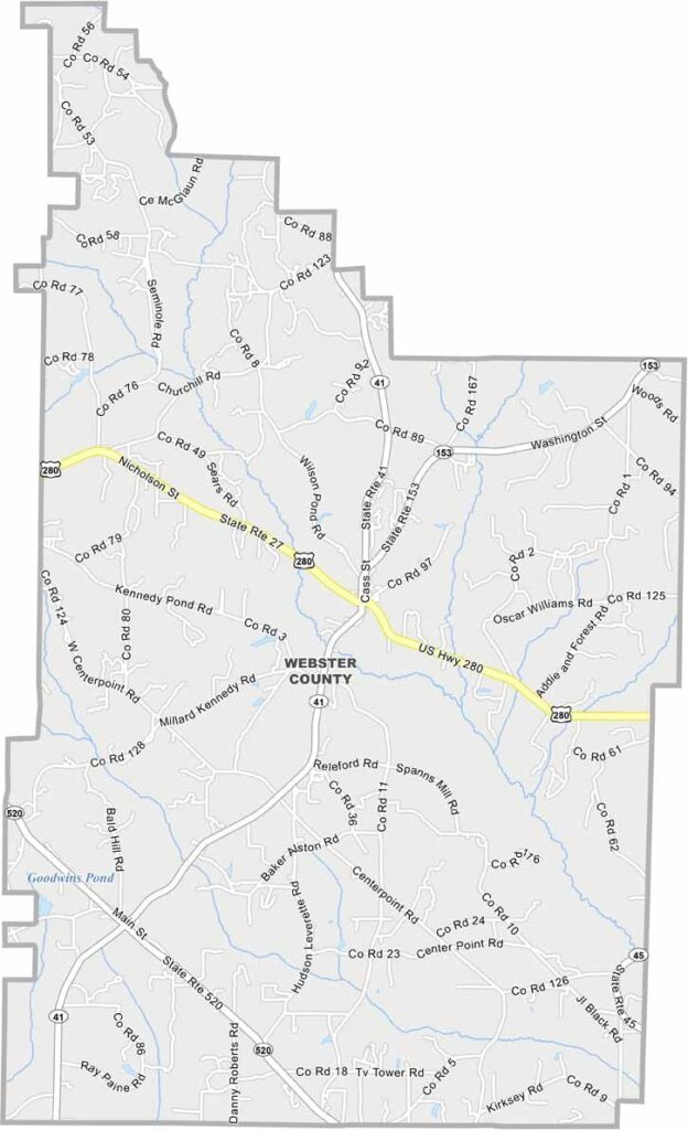 Webster County map showing towns, roads, and geographic features in Georgia.