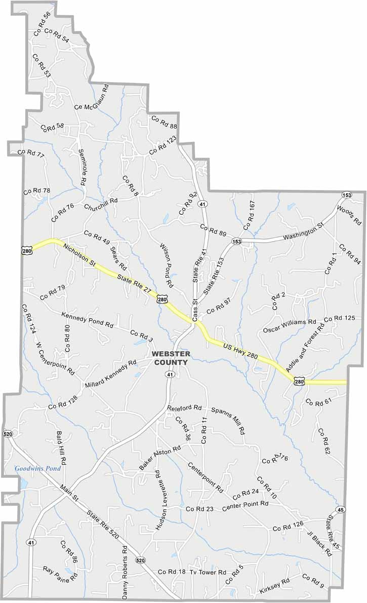 Webster County map showing towns, roads, and geographic features in Georgia.