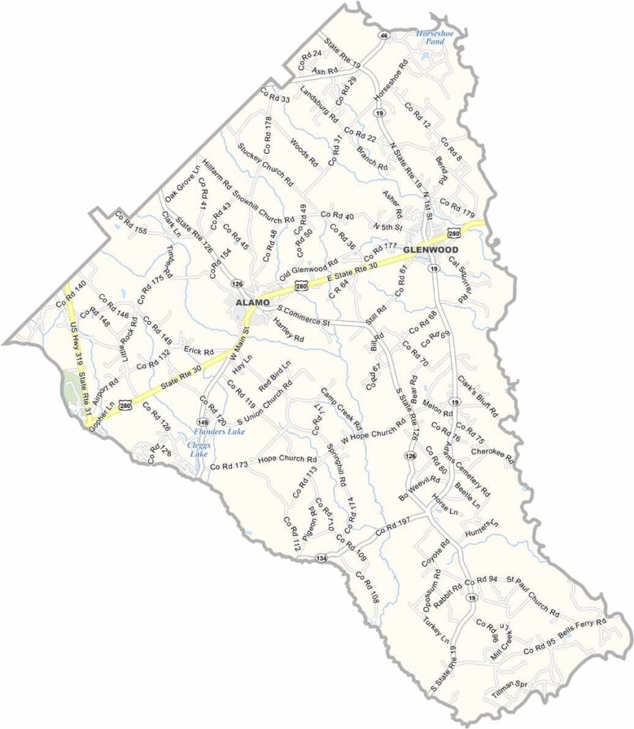Wheeler County map showing towns, roads, and geographic features in Georgia.