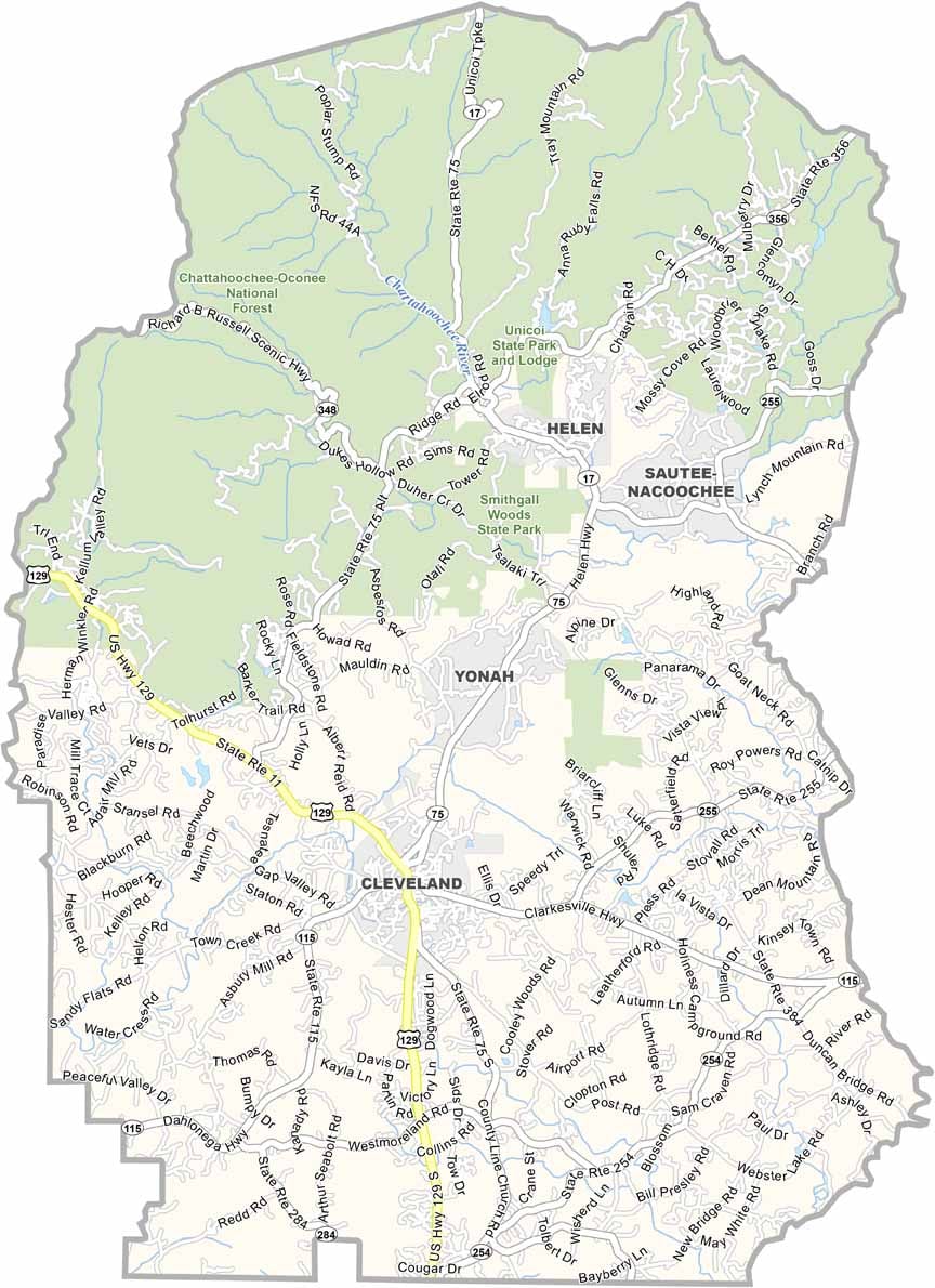 White County map showing towns, roads, and geographic features in Georgia.