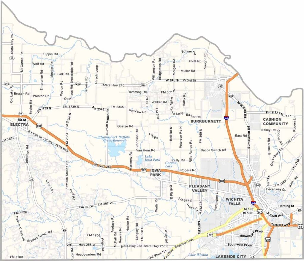 Wichita County map showing towns, roads, county boundaries, and geographic features in Texas.