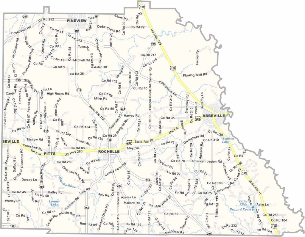 Wilcox County map showing towns, roads, and geographic features in Georgia.