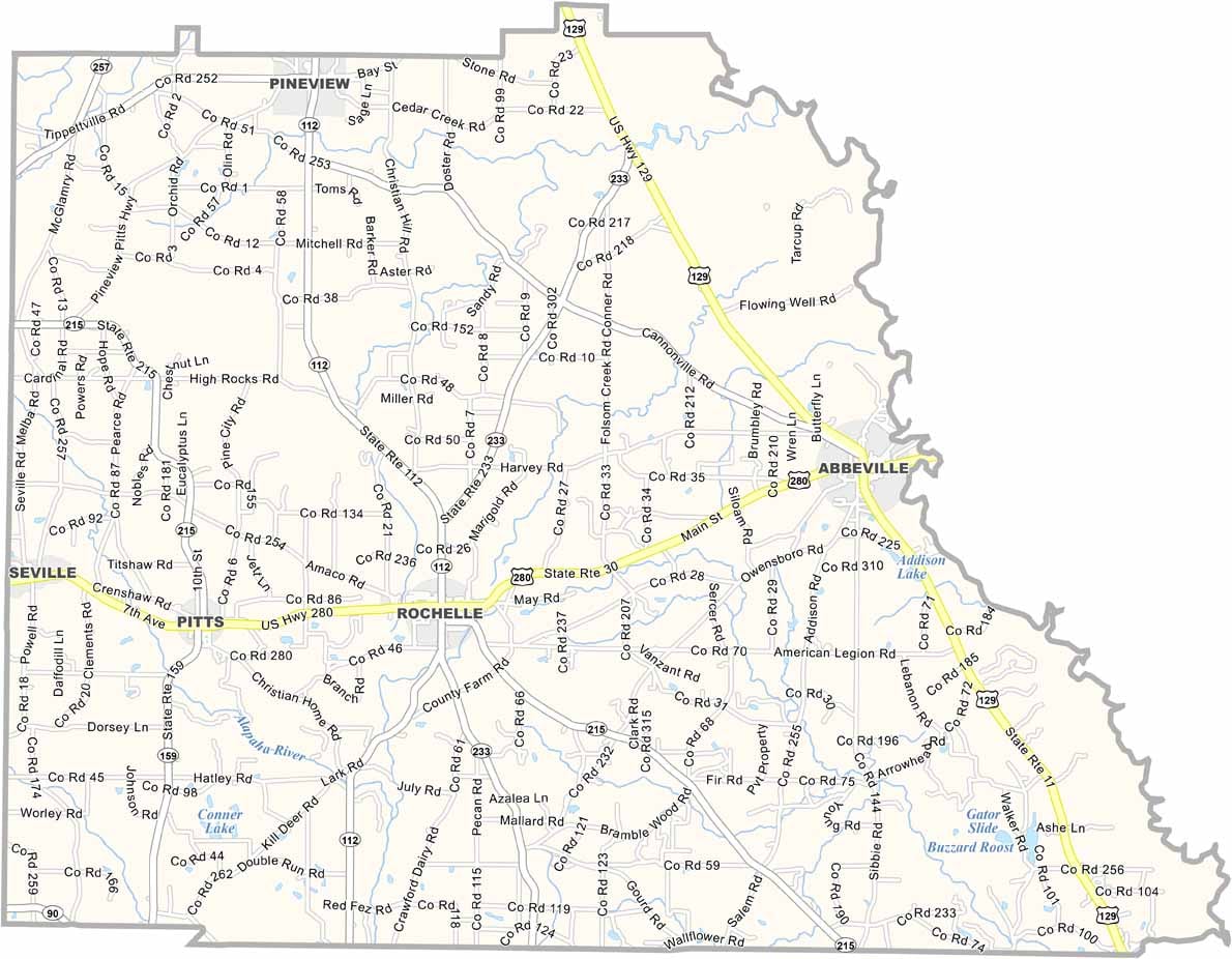 Wilcox County map showing towns, roads, and geographic features in Georgia.