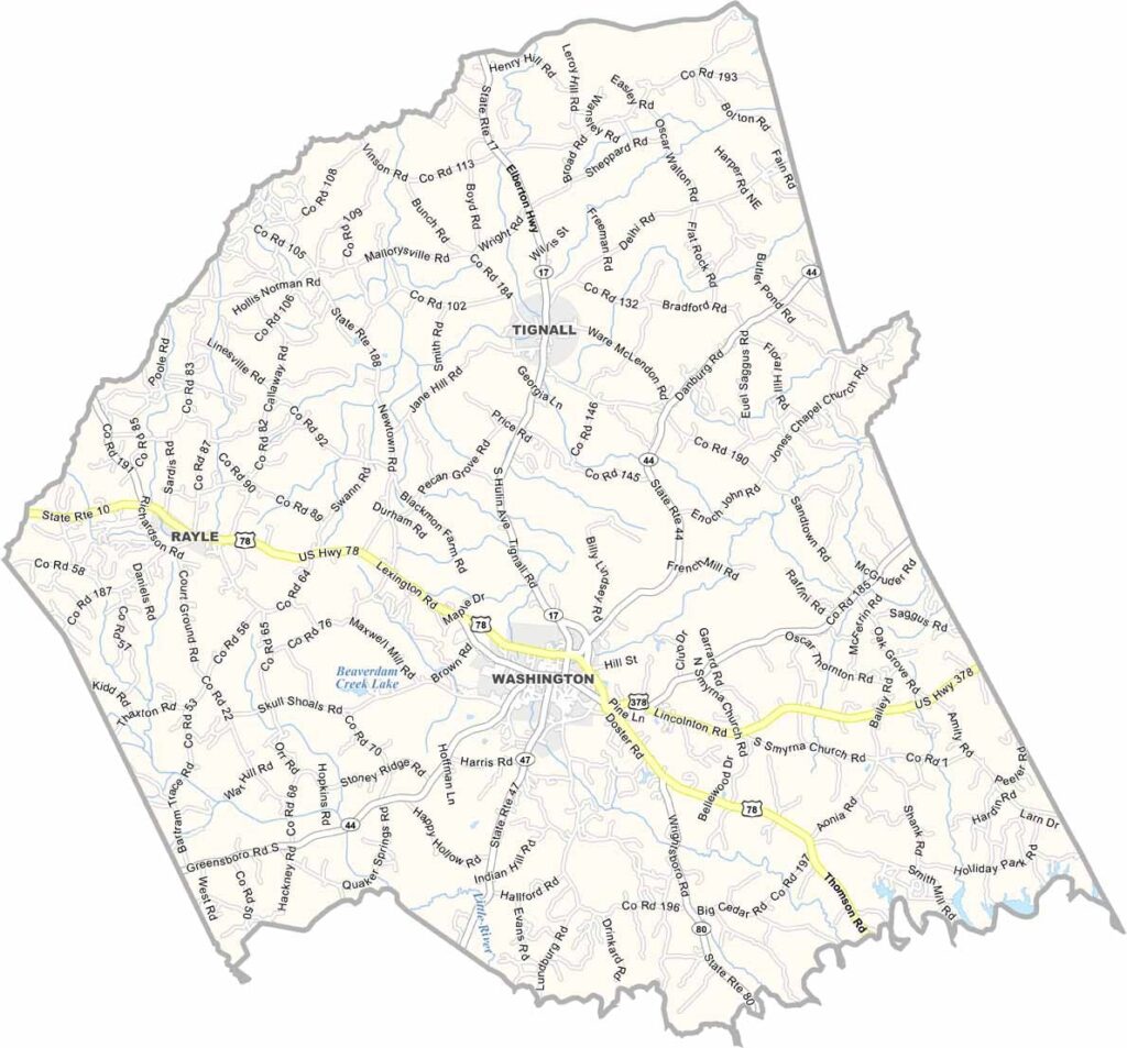 Wilkes County map showing towns, roads, and geographic features in Georgia.