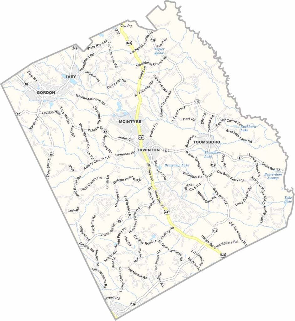 Wilkinson County map showing towns, roads, and geographic features in Georgia.