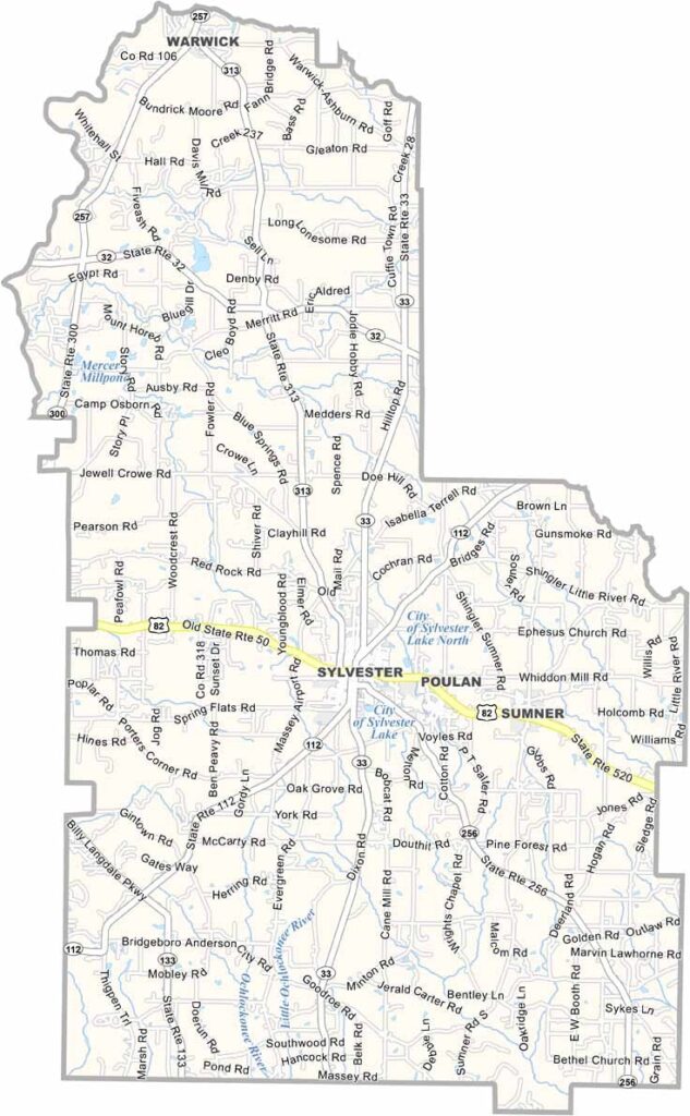 Worth County map showing towns, roads, and geographic features in Georgia.
