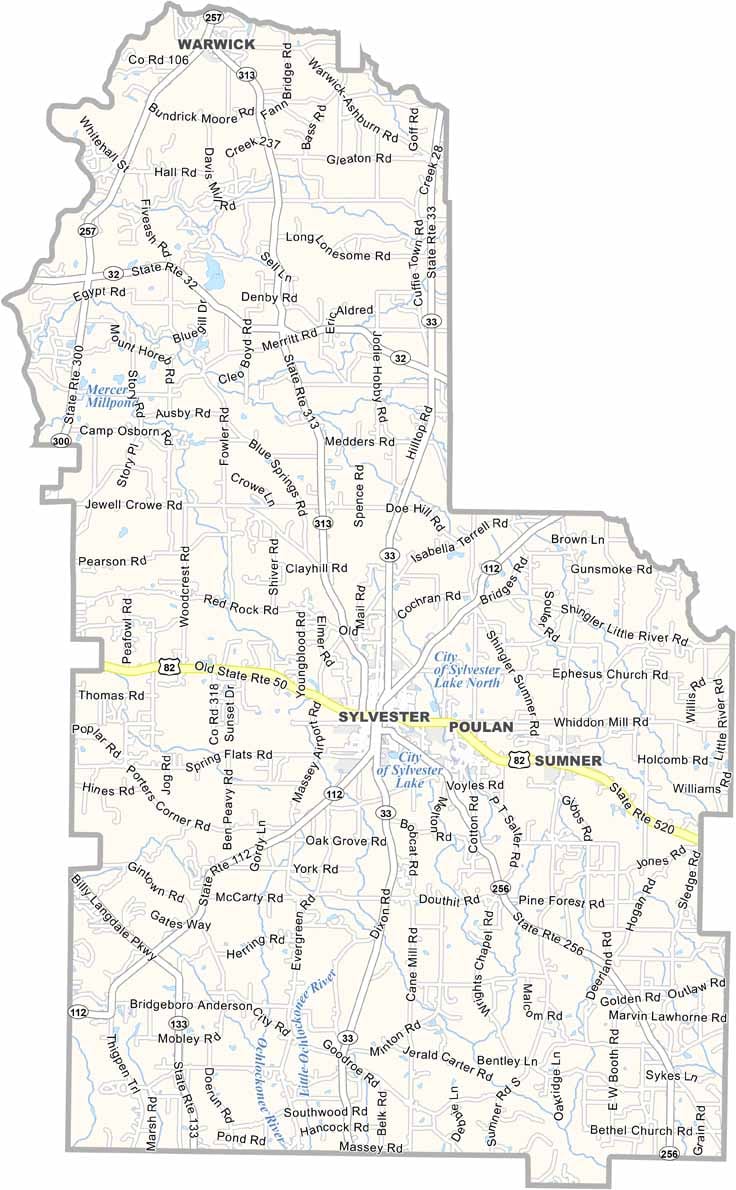 Worth County map showing towns, roads, and geographic features in Georgia.