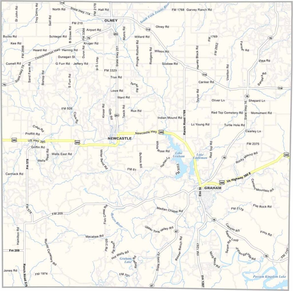 Young County map showing towns, roads, county boundaries, and geographic features in Texas.