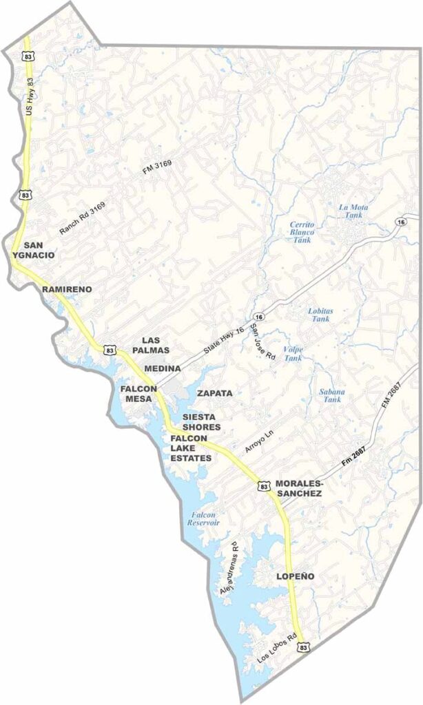 Zapata County map showing towns, roads, county boundaries, and geographic features in Texas.