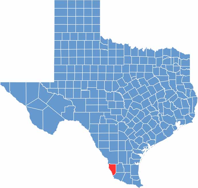 Zapata County location map showing the geographic position of Zapata County in Texas.