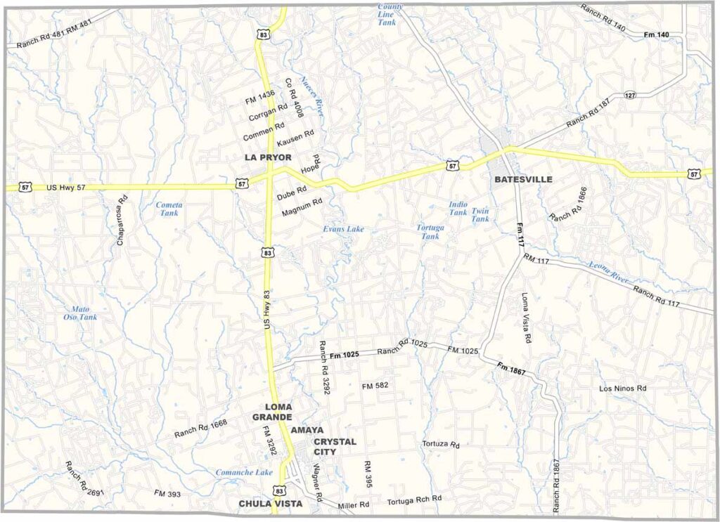 Zavala County map showing towns, roads, county boundaries, and geographic features in Texas.