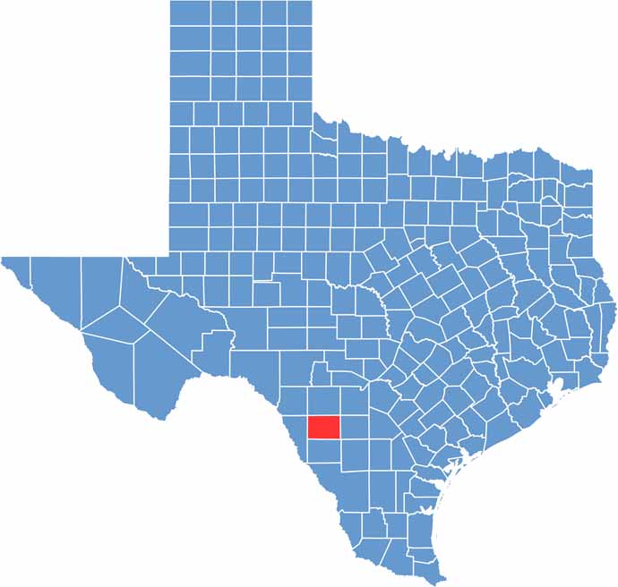 Zavala County location map showing the geographic position of Zavala County in Texas.